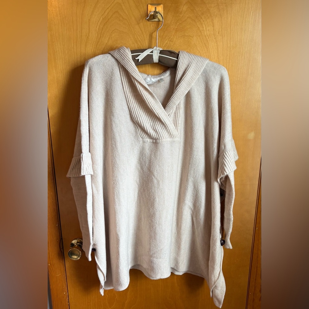 RD Style Cream Hooded Sweater Asymmetrical Button Poncho Large Cozy